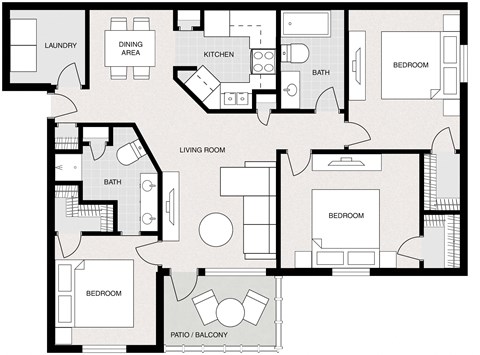 Floor plan for 3 beds, 2 baths, 1044 sqft